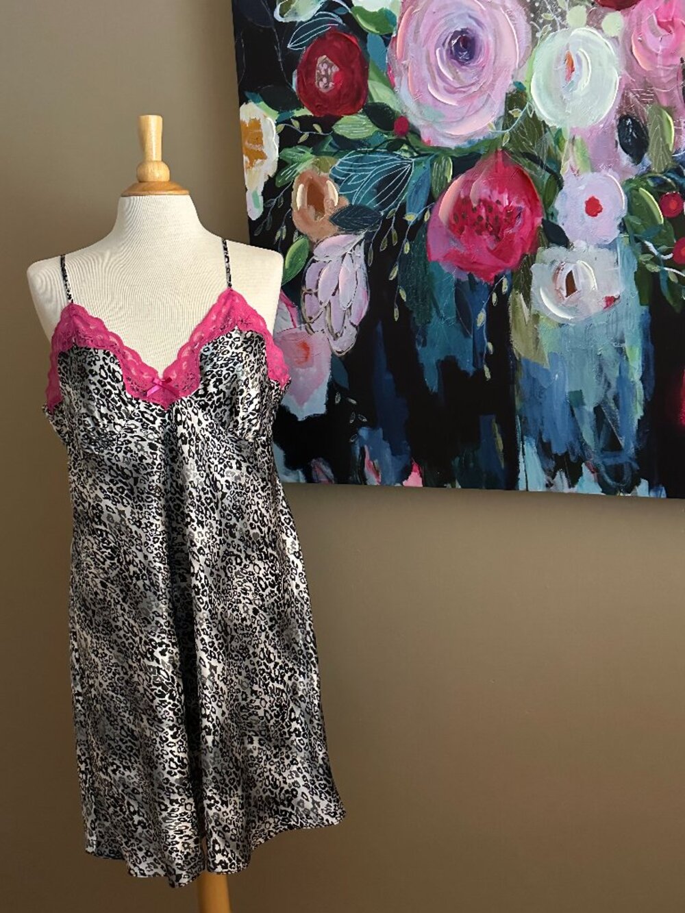 Ambrielle Leopard Print Lace Chemise Nightgown XL Pink Black Satin Sleepwear